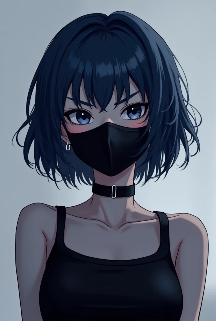 black hair, big black sweater, The E cup bust, black facemask in face, sitting on bed, staring at camera, 22 years old, sweater over her arms,