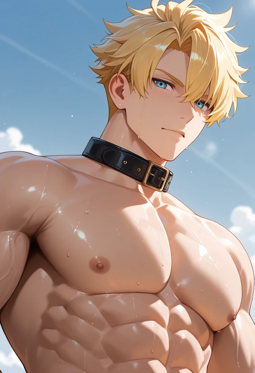 (Highest quality:1.1)、high resolution、High resolution、(muscular male:1.5)、(father:0.5)、Blonde、Brown skin、Short Hair、Sports haircut、short hair、Completely naked、Attach collar and shoulder strap、Perfect Erection、wear glasses、nipple piercing 、squatting、spread legs、gangbang、3boys, ass pov, missionary position, double handjob, anal, multiple penises、cum on chest、cum on body 、excessive cum 、(sweat:1.5)、steam、Beach、Embarrassed face