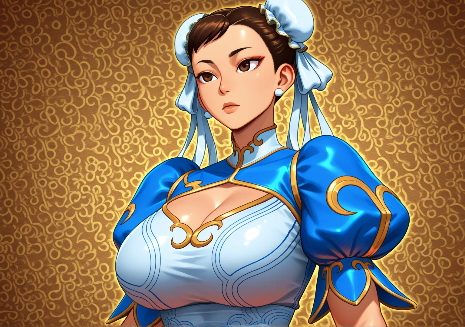 score_9, score_8_up, score_7_up, score_6_up, score_5_up, score_4_up, solo, Chun-Li from street fighter, ((thicc mature mom)), black hair, happy eyes, big thick full lips, ((pouted lips)), ((open mouth)), ((full body)), ((NSFW)), sexy, seductive, alluring, cute, pleasured eyebrows, (((gigantic breasts))), sagging breasts, big nipples, wide hips, thick thighs, huge ass, breasts focus, (((two Pov hands groping breasts firmly))), (((from pov))), (close up), looking at viewer, ((upper body)), hands behind back