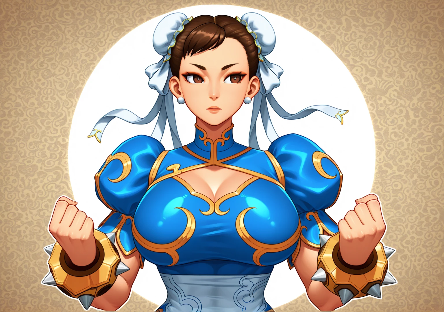 1girl, (standing alone:1.2), (Standing:1.looking-into-camera:1.3), (cowboy shot:1.5), sorrido, glad, at ease, (Curvy:1.3), (breasts big:1.2), flat stomach, (master part:1.3), (best quality:1.Perfect Anatomia:1.4), highy detailed, Fumio, linear sketch, pastel hues, glossy, filmic grain, (Curvy:1.3), (breasts big:1.3), Broad Hips, narrow waisted, (flat stomach:1.2), chun li, eyes browns, short hair, brown hair, double bun, White Coke Cover, blue dress, pelvis curtain, spiked bracelet, tape, brown pantyhose, flat background, from above view, leaning forward, perspective