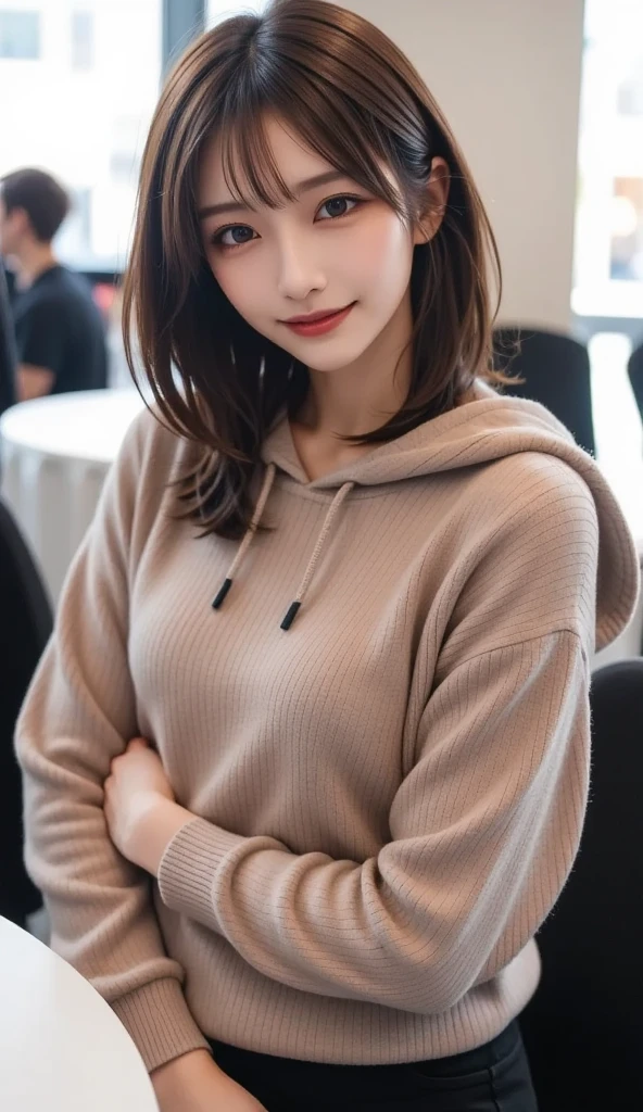 (Best quality, high resolution, masterpiece: 1.3), a beautiful woman, big breasts, slim figure, (short dark brown hair), sweatshirt, beautifully presented details in the street and facial and skin texture, detailed eyes, double eyelids, big eyes,full body