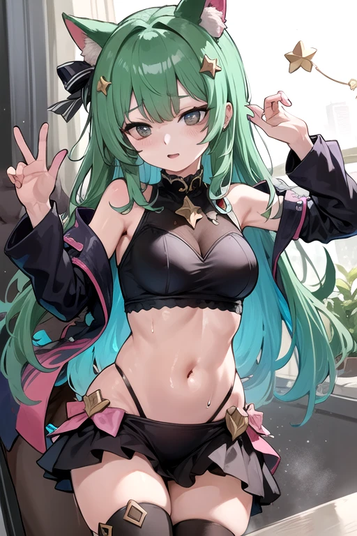 best quality, cute cat ears girl, Cute fantasy world lightly dressed, fantasy world, smooth skin, Upper body is shown, Nemona, brown eyes, black hair, ponytail, brown skin, green streak in side bangs, freckles,