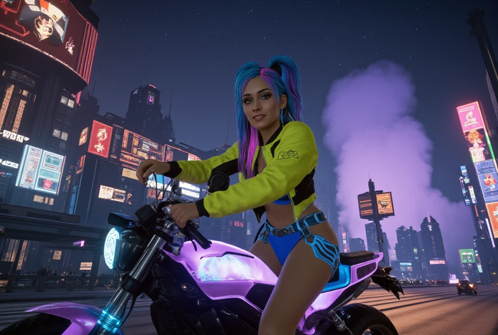 A brown skin girl with long hair, standing in front of a motorcycle 🏍️💨 in the city, sparkling simple make up, sparkling eyes, sparkling lips, sparkling, sparkling pink, sparkling black, a tall girl, high heel, wearing a trouser, night vision, flowers flying, hippie clothes