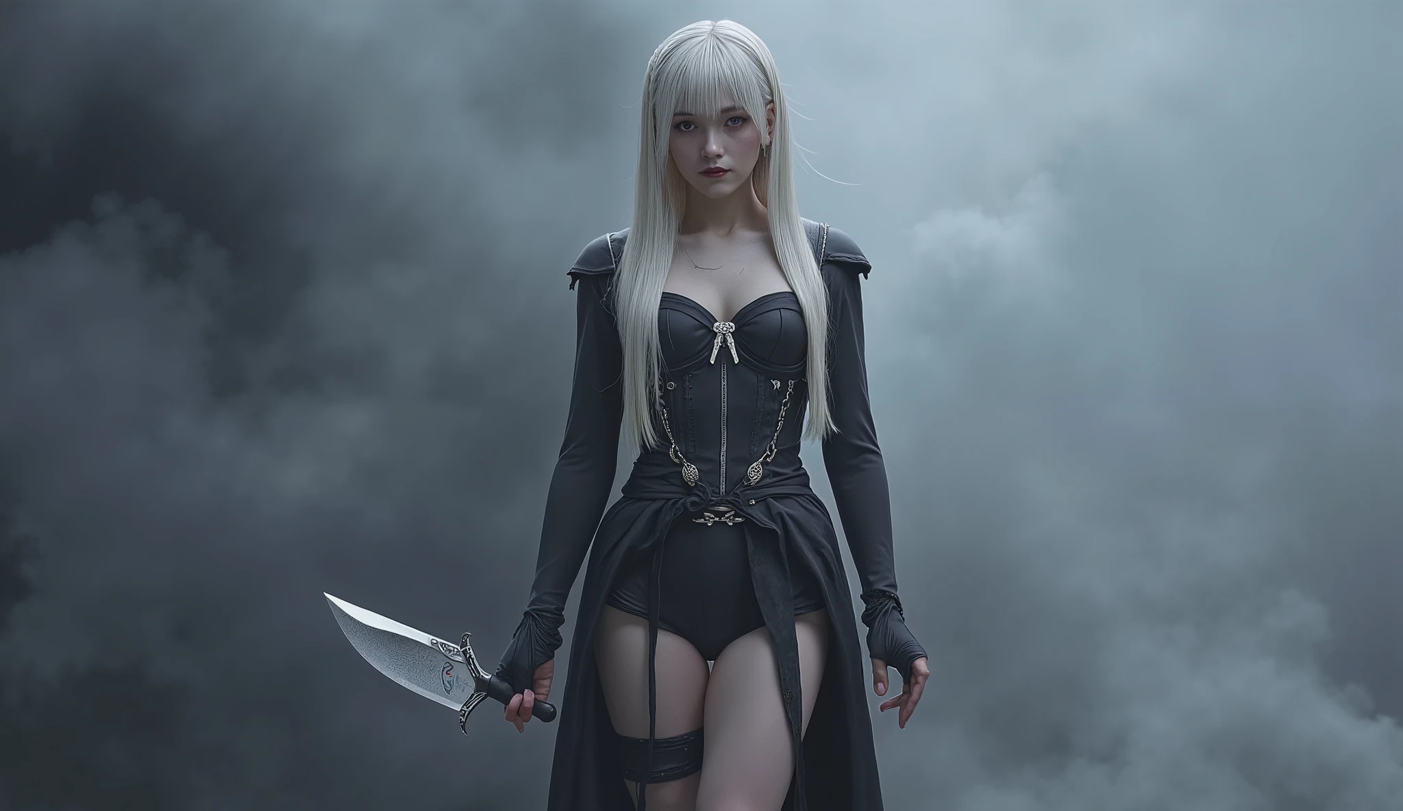 theme: Spider-Man as an Assassin, (Female Drow's Slave Miniskirt Chest Covered)(Smile) gray skin,garter belt, Big knife, Pale Blonde Hair and Purple Eyes. She likes white and silver clothes and、Prefers dark blue or purple robes, Gray Smoke Background, detailed eyes drawn on a giant_Knockers, ((Extremely elaborate and detailed)) ((Hi-Res)