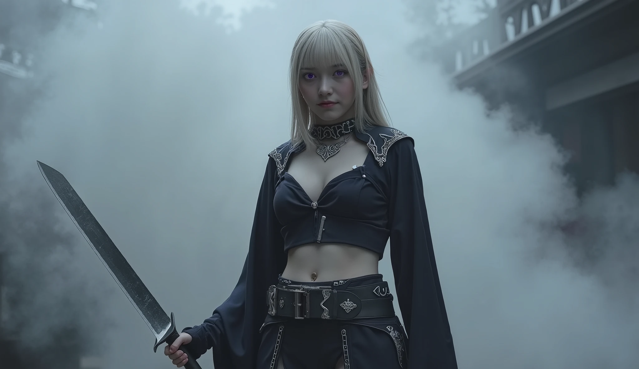 theme: Spider-Man as an Assassin, (Female Drow's Slave Miniskirt Chest Covered)(Smile) gray skin,garter belt, Big knife, Pale Blonde Hair and Purple Eyes. She likes white and silver clothes and、Prefers dark blue or purple robes, Gray Smoke Background, detailed eyes drawn on a giant_Knockers, ((Extremely elaborate and detailed)) ((Hi-Res)