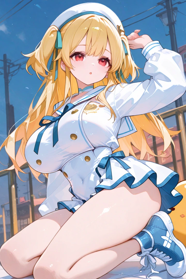 blue eyes, blonde hair, long hair,, large breasts, live stage, solo, nipple