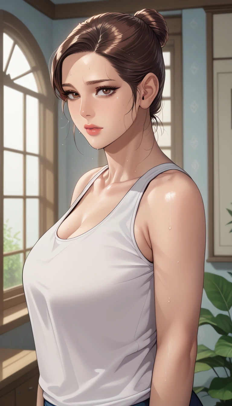 (masterpiece:1.2, Highest quality), (Realistic, photoRealistic:1.4), Beautiful illustrations, (Natural Side Lighting, Cinema Lighting),
Looking at the audience, Upper Body, (Front view), 1 girl, Perfect Face, Symmetrical cute face, Glowing Skin, Baby Face, Long eyelashes, (Very large breasts), (Wide Hips),Shortcuts,
Beautiful Hair, Beautiful Face, Beautiful and beautiful eyes, Beautiful body, Beautiful breasts, Beautiful thighs, Beautiful legs, Beautiful fingers,
(Beautiful views),(Cute Smile:1.3, Superior), 24-years-old,Pale skin,Bokeh,Saleme、((Beautiful woman in a white tank top:1.3))、((Browsing Caution))、Asymmetrical hair,、Lover's point of view、Cleavage、Mature Woman、Very boyish and cool、Skinhead、A bedroom with a cyberpunk night view、Clear light and dark、Great lighting、Small eyes、Iris、D-Cup Peak、High Angle、Very detailed、Spotlight