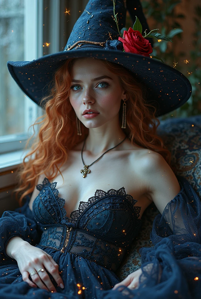 (full body shot:1.7) photorealistic image of a (standing pose:1.3) woman, ultra realistic, photography, long red hair, girl, 24 years old, hourglass figure, perfect body, natural medium breasts, blur background, smokey eye make-up, long eyelashes, looking seductive, seduction, dreamy look, full body, full body picture, full body shot, wide angle, wide angle picture, wide angle shot, purple sexy witch costume, big purple witch hat, she is standing in the doorframe to her house, she wears knee high purple boots and has her legs crossed, halloween night background, 