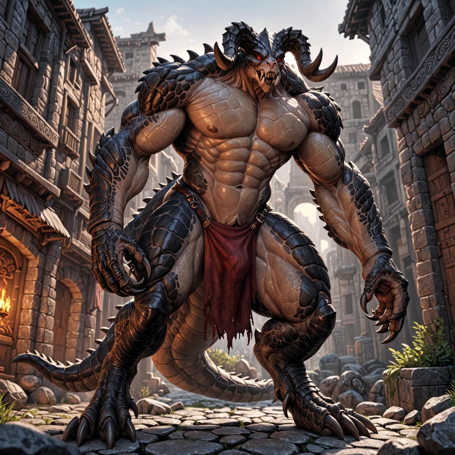 A red, male, dragonborn, barbarian, dungeons and dragons, very muscular, red scales, with a light peach color on bottom jaw and down to the groin, wearing a leather loincloth, holding a large sword in an attack pose
