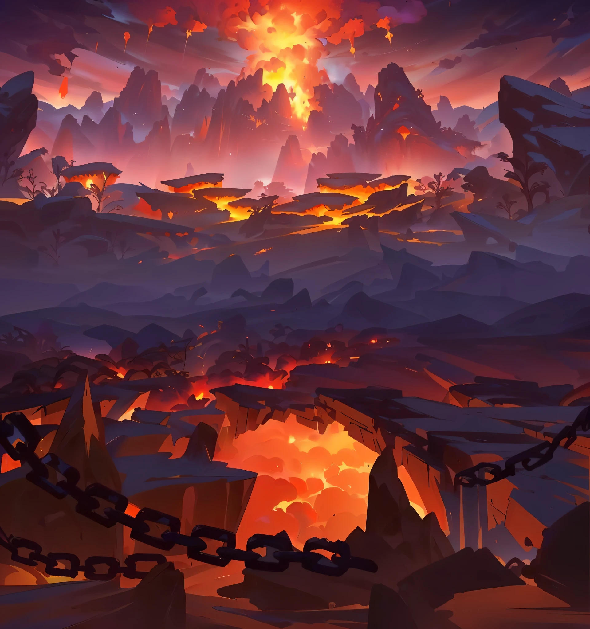 Volcano Q-version cartoon scene original, distant volcano crater, volcano erupts magma, lava and lava surround it, background art, hellish background, angry flames and destruction, reference to Xianxia Great Battle art scene style, scene concept art, new Chinese style cartoon concept art,2D side-scrolling scene, side-scrolling game concept scene; a running track in the middle, hellish fire background, background art work, mobile game background, 2D game art scene background, Xianxia Great Battle art style, Chinese style art style