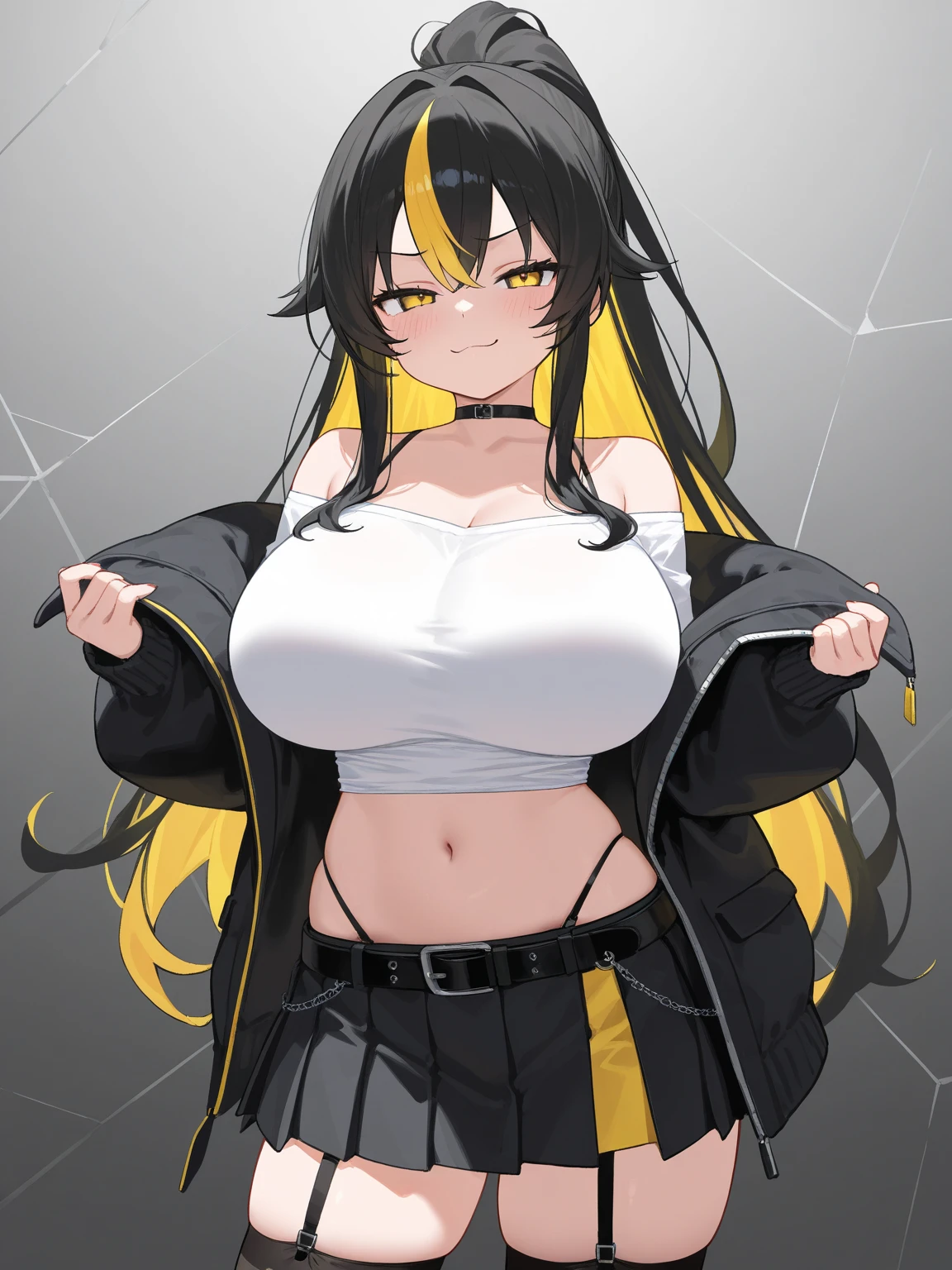 score_9, score_8_superior, score_7_superior_anime, Highest quality, No correction,1 person, Black Hair, Black and Gold ,((streaked hair)), highlights hair,Long Hair, hair over one eye, Huge breasts, choker,(( 立ちsuperiorがる,View your viewers)), Cowboy Shot, ((sweater coordination)), ((big breasts 1.8)), (), Cowboy Shot, darkness, faint light, low contrast,