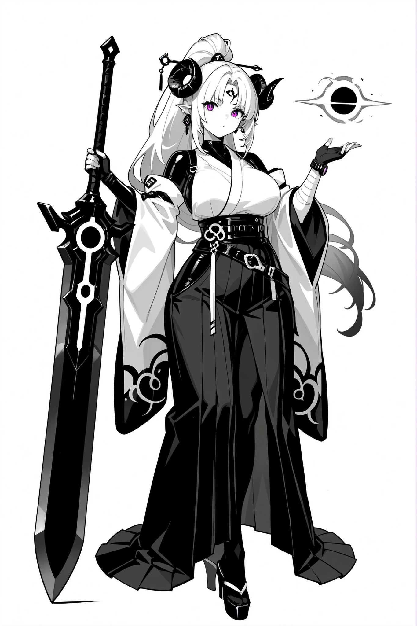 ( , stands,full body,high heels,front view,Standing picture,white background:1.7),HoleHeels,oval/Circle/Thorn/Horn Heels,,Limited Color Palette,Colorful,Bright Color,flashing silhouette,neon,black light ,watch, masterpiece,,azsd, high ponytail, long hair, curled horns, pointy ears moonlight sword, sword, holding sword, glowing sword, greatsword, giant weapon ,azsd, high ponytail, long hair, curled horns, hairpin, forehead ornament, pointy ears, earrings, white kimono, detached sleeves, wide sleeves, bandaged arm, glove, fingerless glove, multiple belts, layered hakama, long skirt, or, sandals,HoldingBlackHole, hand up, 1girl , black rubber suit, large breasts, gauntlets, wide hips