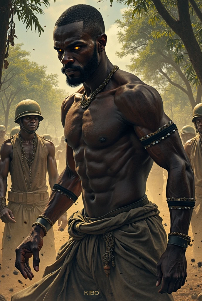 Black man with machete in hand in africa.