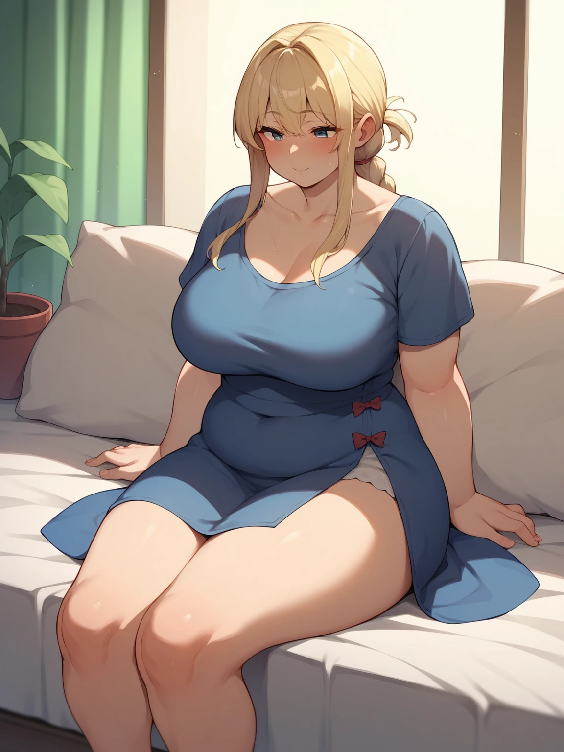 a girl facing the camera with blond stright hair, blue eyes, significant but firm breasts, high slim waist but big full rounded bloated belly, soft fair skin and well built thigs wearing tight red dress revealing legs and belly