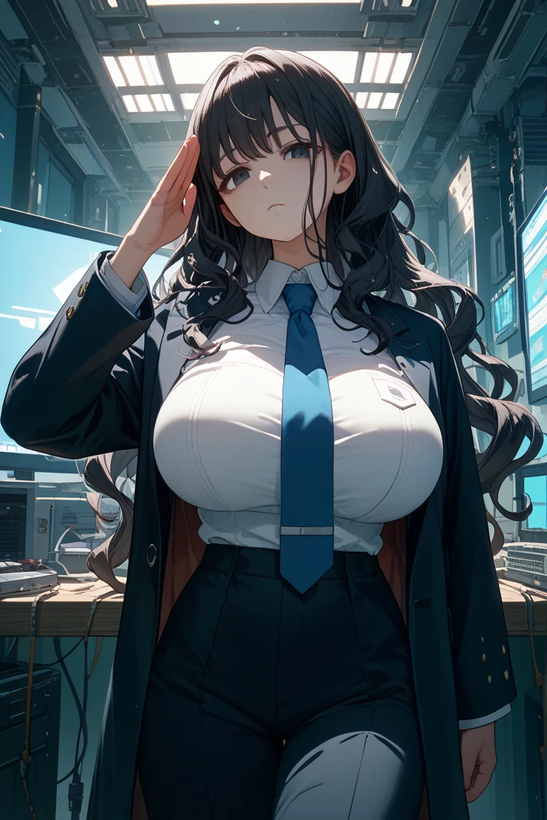 ((Master masterpiece)), ((Top image quality)), illustratio, The girls1Guys, Hair color, Bangs, Hairstyle Fax,Cat's ears、 slender、constricted hips、((large full breasts))、Maiden、((Business suits))、personal computers、server room、Office Equipment、White shirt、neck tie、She is sitting in a chair and operating a keyboard、Staring at the computer display、The chest is on the desk.、I'm so tired、The camera is capturing her profile