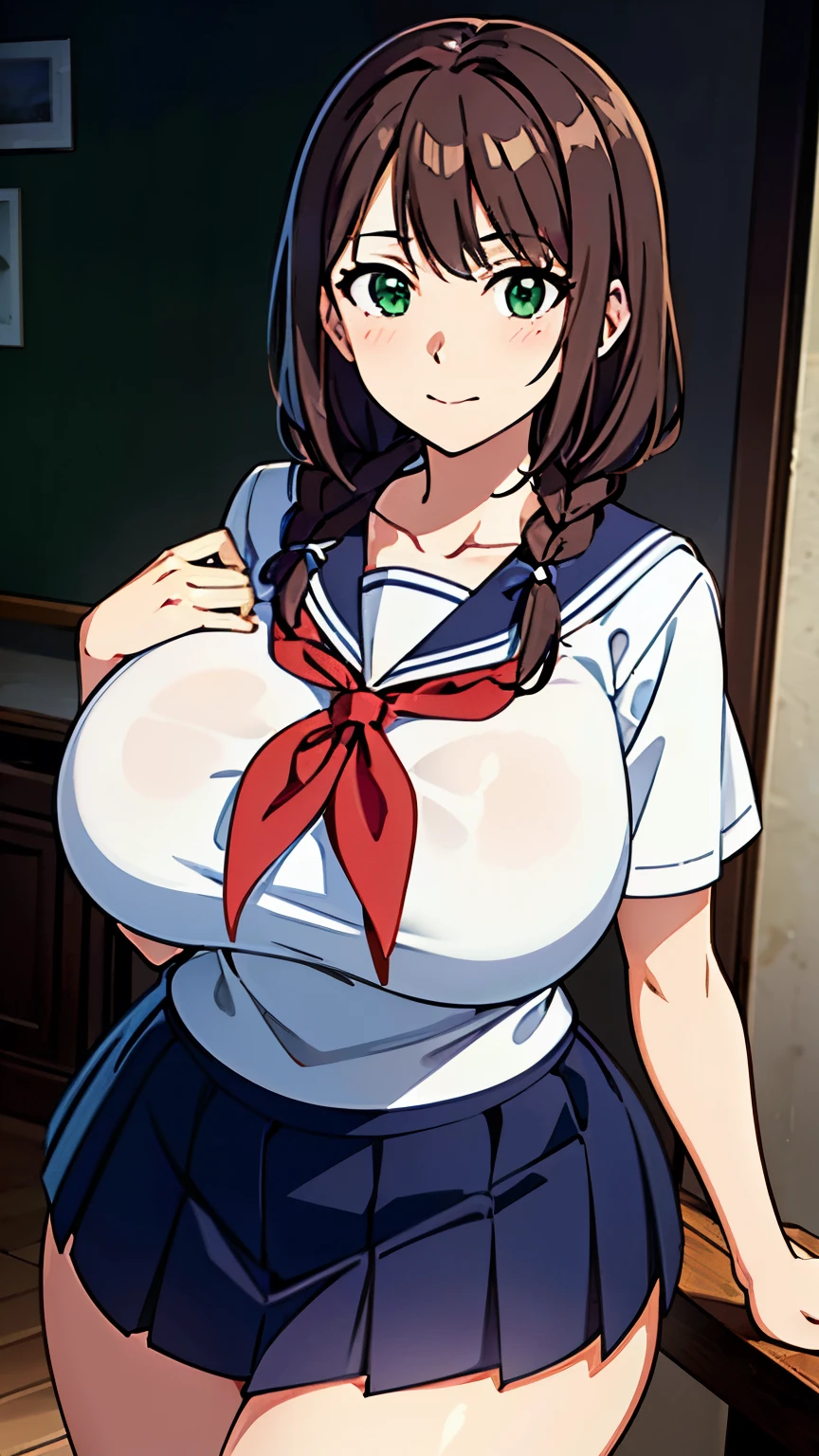 (8k, RAW photo, best quality, masterpiece, soft cinematic lighting, soft color:1.4),(ceiling, iook at me,face focus:1.5), (realistic), (indoor background), (solo, mature woman,19years old:1.3), (sailor uniform,underboob,low-cut miniskirt,sheer :1.3), (embarrassed,red Cheeks:1.25), party chignon bronze color hair, clean skin, (smaller butt:0.9),(huge long wide heavy breasts:1.4), (thick, curvy:1.3),(very skinny:1.3)