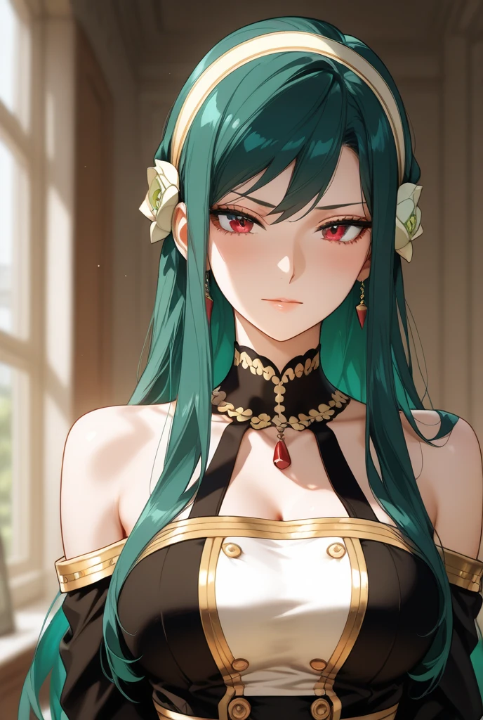 (masterpiece, Highest quality, Super detailed, Best Shadow, Volumetric lighting), (Beautifully detailed face, beautiful Fine grain), (Best lighting), c.c., code geteeth, Green Hair, Very long hair, Wavy Hair, Orange eyes, Fine grain, Mid-chest, teeth, Ashford Academy Swimsuit, whole body, intense angle, mksks style, Beautiful background, professional lightning, indoor, Pool,