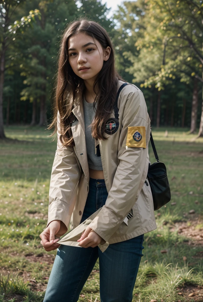 A young girl with determined eyes and a confident stance, perhaps holding a map or compass.