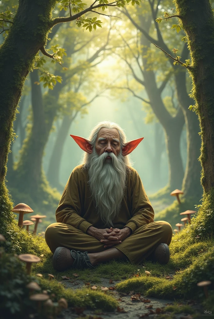 Indonesian grandfather with long white hair chatting with ants 