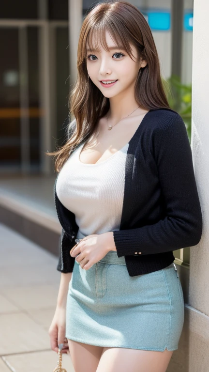 masutepiece, Best Quality, Illustration, Ultra-detailed, finely detail, hight resolution, 8K Wallpaper, Perfect dynamic composition, Beautiful detailed eyes, Trendy Women's Fashion Winter Clothes,Bun hair,Small breasts natural color lip, sexypose,Smile,Harajuku、20 years girl、Cute、is looking at the camera