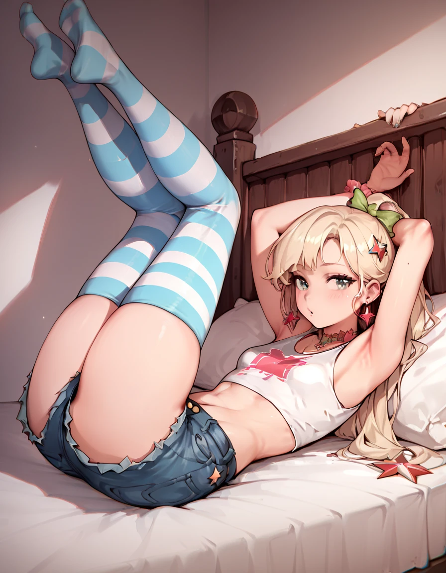 score_9, score_8_up, score_7_up, score_6_up, score_5_up, score_4_up, source_anime, 1girl, she was lying down, tongue, yellow hair, braids, close eyes, w-w-chain, shackles, put on arms, long hair, green shirt, shorts, thigh boots, black boots, night, key dungeon, best quality, best res, 4K UHD,
 