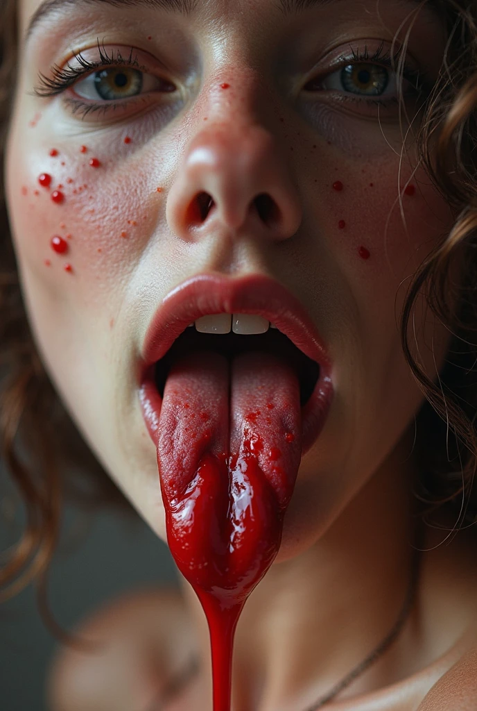 Realistic, decapitated woman's head on a plate, full of blood, ((eyes closed)), ((face pale)), blood spots, served like a meal, bloody, photorealistic, 4K, Nikon, ahegao face, tongue hanging out