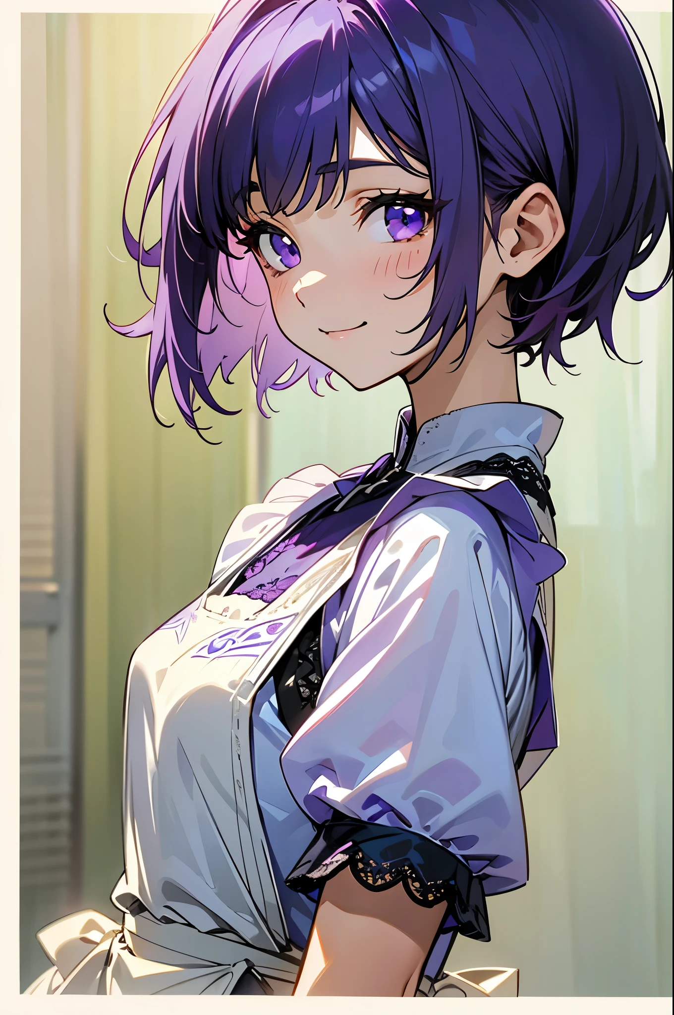 (From the side:1.2)、(dynamic angle)、Clothes that get messy when you move、PURPLE SHORT HAIR、purple eyes、small 、white lace apron、Smile that captivates the viewer、（professional lighting）、Border Depth、Characteristics of detailed clothing、