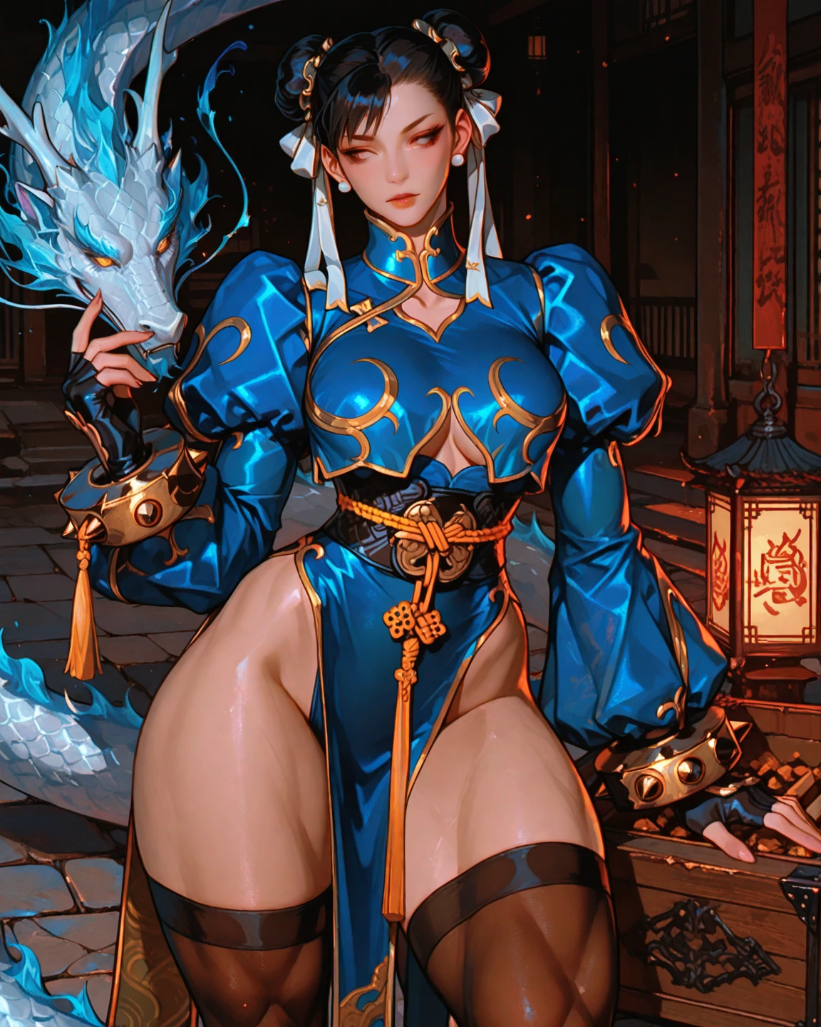 (((Chun Li)))face hentai, cheongsam, bracelets, (Best Quality)), ((masterpiece)), (Details), 1 woman, big breasts, by white, pink eyes, ((by the wide,straight cut)),curve, big breasts, huge breasts ,super big breasts, big hips, beautiful face, hourglass body, increase more waist , beautiful skin , long eyelashes, Thick Eyelashes, cyberpunk, Futuristic, cyberpunk bodysuit, Neon light, Shading effect, Magical gradient effects, Fog filter effect, glitter effect,delicate and lively, artistic photography,charming presence,Elegant posture,pose full nelson, sex in doggyStyle 
