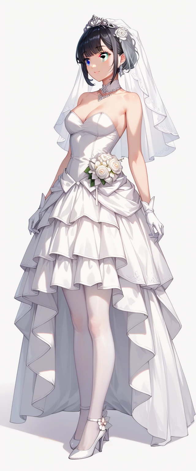 lexington \(warship girls r\),((masterpiece)),(((best quality))),((ultra-detailed)),((illustration)),((disheveled hair)),((frills)),(1 girl),(solo), 1girl, ,\), bangs, bare shoulders, blue bow, blue eyes, blue flower, blue ribbon, blue rose, blush, bouquet, breasts, bridal veil, bride, cleavage, closed mouth, collarbone, dress, earrings, elbow gloves, eyebrows visible through hair, flower, full body, garter belt, garter straps, gloves, gradient, hair flower, hair ornament, heart cutout, high heels, holding, holding bouquet, jewelry, large breasts, long hair, looking at viewer, necklace, one eye closed, petals, pink flower, pink rose, purple flower, purple rose, red rose, ribbon, rose, rose petals, shoes, smile, solo, standing, strapless, strapless dress, thighhighs, tiara, torn clothes, torn dress, torn gloves, torn legwear, torn skirt, veil, very long hair, wedding dress, white dress, white flower, white footwear, white gloves, white legwear, white rose, flaxen hair, Skirt without hem, White high heels, White stockings, Translucent stockings,Inside the church,