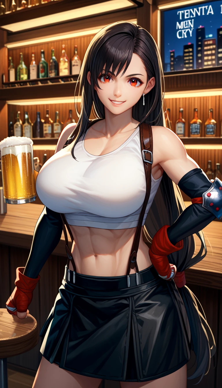 (masterpiece), best quality, expressive eyes, perfect face, straight black hair, long shot, adventurous look, tifa,tifa lockhart, tifa_lockhart (red eyes) (photorealistic), (make-up:1.1), (fitness), (detailed skin), 4k, highly detailed, ultra detailed, extra detailed, highly intricate, detailed beautiful skin, detailed beautiful face, detailed skin texture, detailed hair, detailed eyes, mid shot
(Large breasts:1.5) sultry grin
Wearing a white tank top, orange booty shorts, in a bar, holding a beer