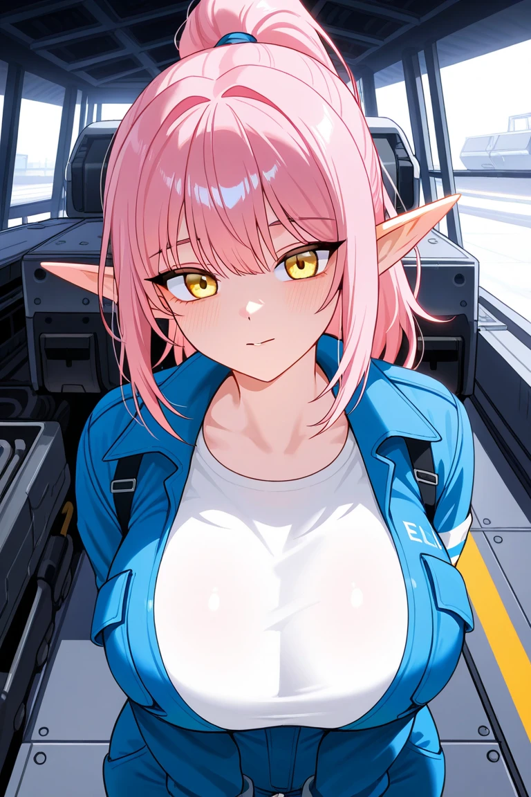 High resolution, Very detailed, perfect lighting, beautiful detailed eyes, ((masterpiece,Best Quality)), absurdities, alone, princess zelda, by the width, crown braid, Hair clip, pointy ears, Gloves without fingers, black gloves, smile, curves, nod, , deep neckline, deep neckline, pink thong, touching her breasts in a sexy way, close up, pigtails with bangs, pigtails with bangs, touching her breasts in a sexy way, teal eyes, close up, pigtails with bangs, pink boina, fitted sailor suit, fitted sailor suit, short white skirt, kneeled, kneeled, pink beret, pink beret, pink stockings, pink stockings, visible nipples, crouched on her knees, overhead plane, overhead plane 