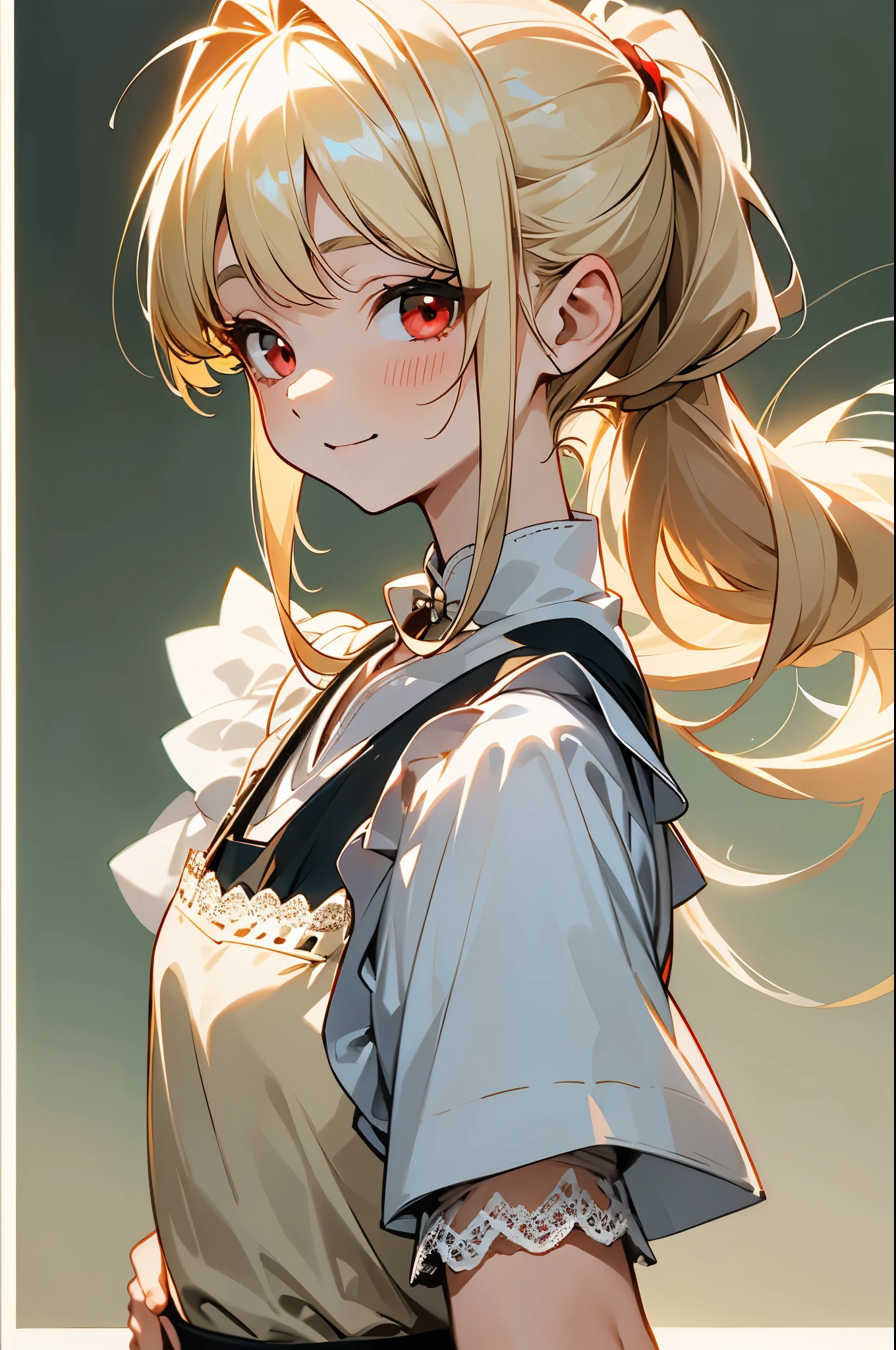 (From the side:1.2)、(dynamic angle)、Clothes that get messy when you move、blonde hair、Red Eyes、ponytail、stupid hair、small 、white lace apron、Smile that captivates the viewer、(professional lighting)、Border Depth、Characteristics of detailed clothing、