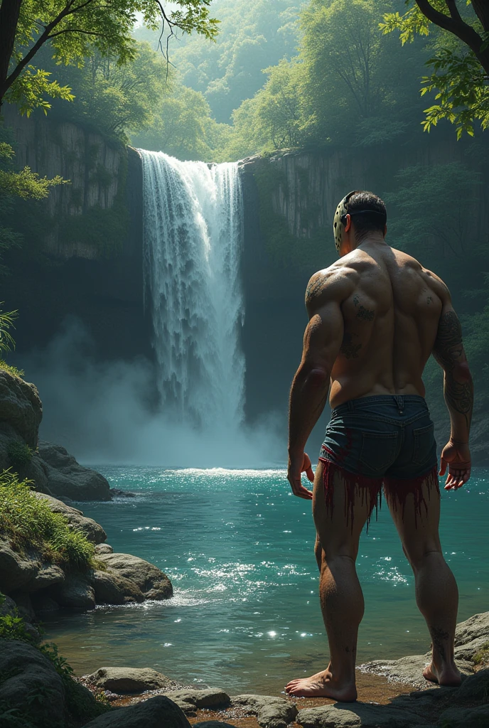 A Chinese bodybuilder,short detailed hair, Wear bright gold thong panties,Stand under the waterfall, Short beard perfect figure with tattoos, Very huge and strong body, Bulging muscles, musculous, Very large pectoral muscles,Very sexy abs,The legs are muscular,Exposed Body,Tall and burly,Huge genital bulging area,Brightens oily skin,Muscular。