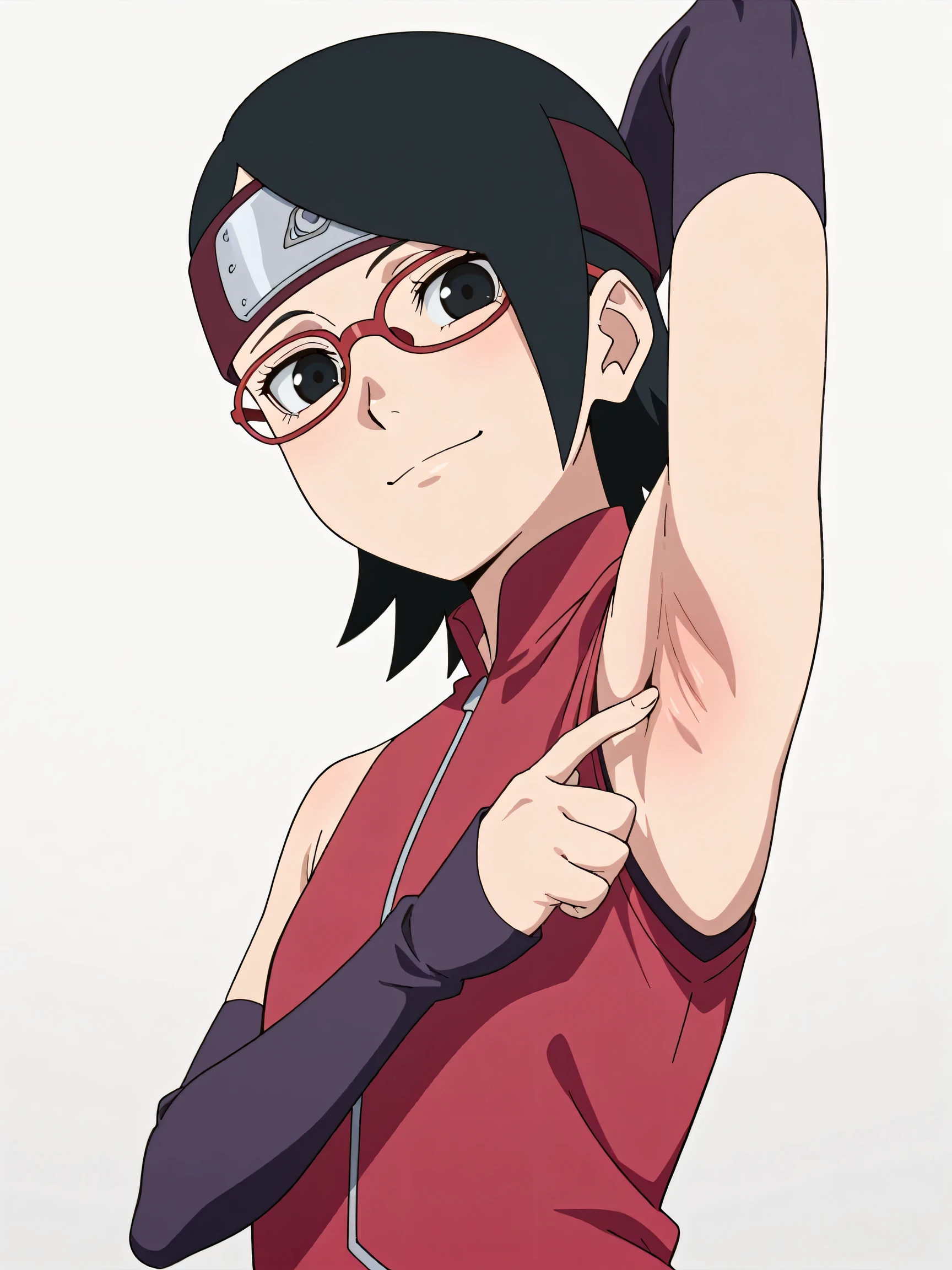 masterpiece, best quality, amazing quality, anime screencap, anime coloring, 1girl, solo, sarada, black eyes, black hair, short hair, glasses, headband, red sleeveless dress, detached sleeves, flat chest, arm behind head, armpit, armpit focus, head towards viewer, looking at viewer, direct eye contact, smile, closed mouth, simple background, white background 