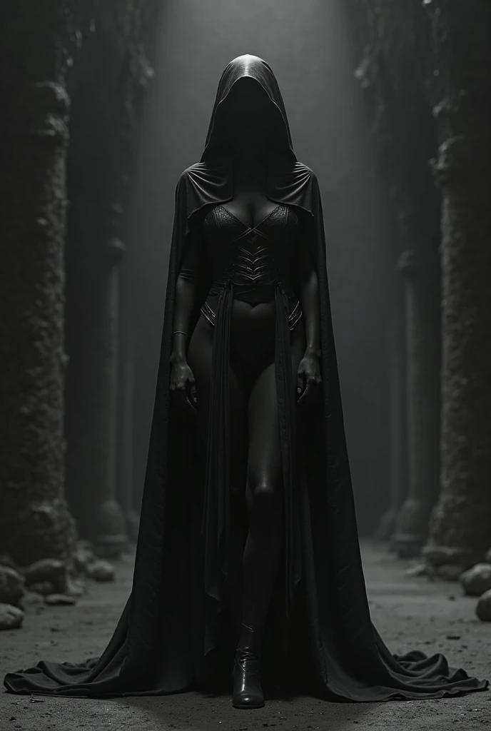A tight black cloak, an Arab woman with long, prominent legs