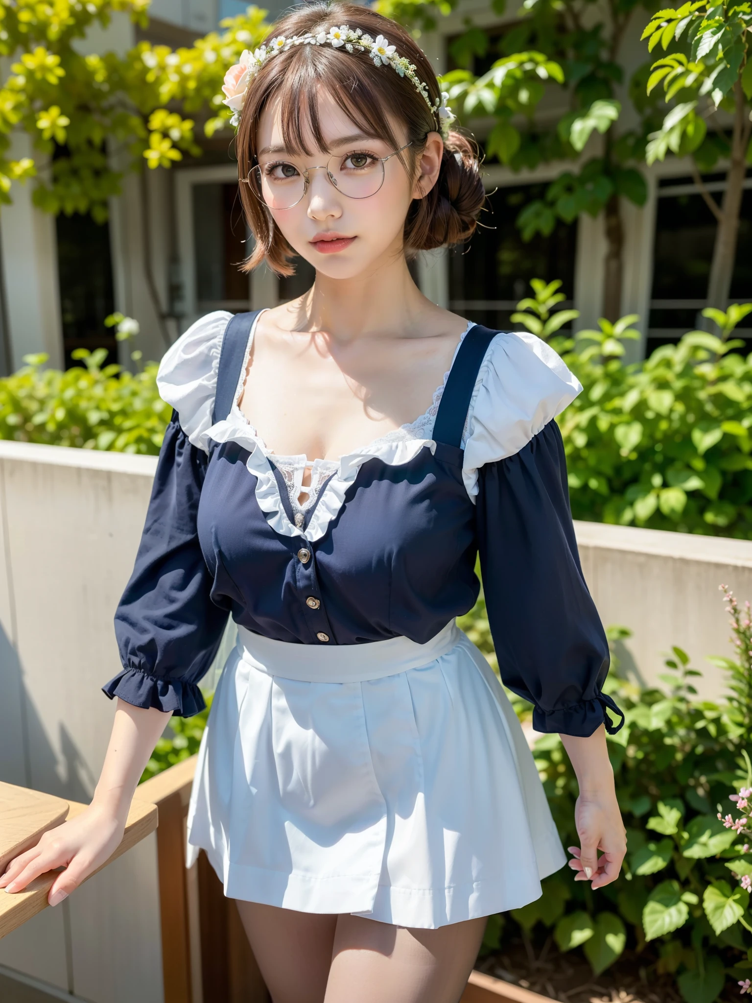(best quality, masterpiece), (ultra high resolution, 8K RAW photo, photo realistics:1.5, textile shading, thin outline, clear focus:1.2), Beautuful Matured woman preparing tea-time in the garden, standing by the round table, (tea set, tea pot, tea cups, some Strawberry cakes on dish), classy art deco style table, wearing light_blue maid uniform, breast cleavage:1.2, maid costume:1.2, mini flare skirts, apron, bow ties on thechest, long tall sally, long legs, long silver brown hair, (wearing thin-flame glasses:1.2), (milf:1.5, 22 years old, solo), (small breast, sagging breast, , narrow waist), (medium short brown hair, hair over one eye, (updo hair:1.2), side lock, asymmetric hair, wavy hair), (bright pupils, detailed eyes, high detailed face, Perfect face shape, eye rush), (seductitve smiling, half-closing eyes), (with sparkling eyes and a contagious smile), (looking at viewers:1.3), (dynamic angle, full body, from below:1.2), ((correct anatomy:1.5, correct hands)), (ideal ratio of body proportions), (outdoor:1.2, grass field),