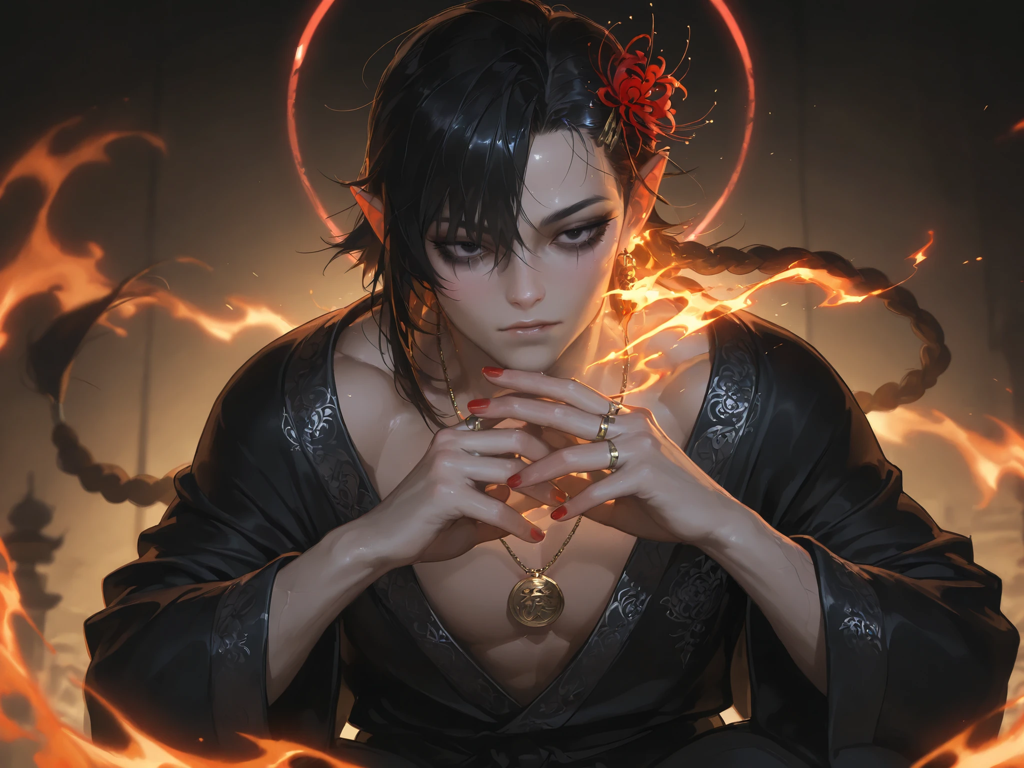 score_9, score_8_up, score_7_up,score_6_up,high resolution,adw,1girl,solo,full body,in a castle,chinese clothes,high heels,short hair,black hair,realistic skin,volumetric lighting,rim lighting,dof,squatting, squatting, struggling, hands trying to pull parasite off head, 1 girl, neaparasite, neasex, glowing, monster, headless