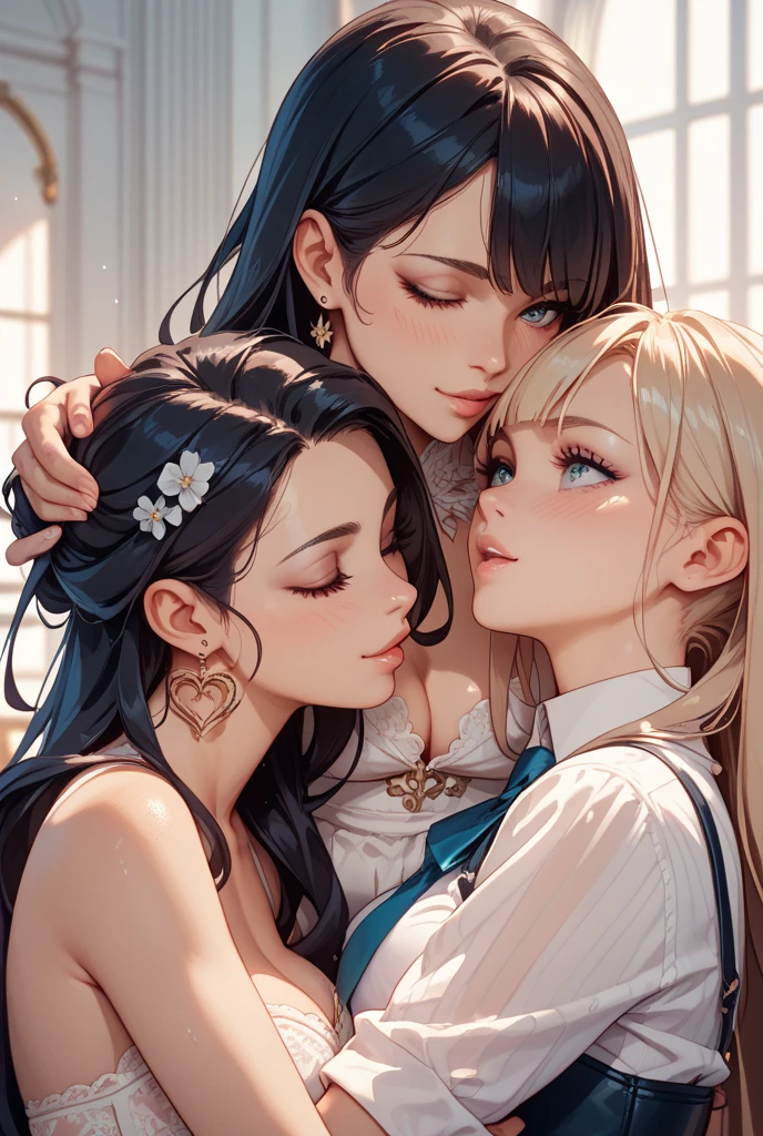 (masterpiece, best quality), 3girl, beautiful face, beautiful body, <lora:doublecheekkiss:0.8> doublecheekkiss, heart,