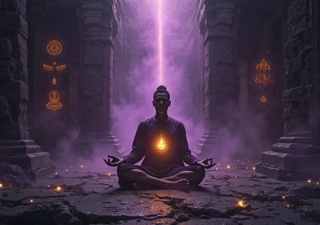 Create a highly detailed and atmospheric digital painting of a cosmic dark entity meditating in a lotus position on the surface of a barren planet. The entity has a shadowy, featureless face and a muscular humanoid body covered in dark organic tendrils that appear to flow and twist around it.. A bright red crystal is embedded in his chest, pulsating with dark energy. Above the head of the entity, A spinning purple and black cosmic vortex with a glowing mystical orb at its center radiates power, Shedding an ethereal light. The background features a vast star-filled galaxy with purple nebulas and distant cosmic phenomena., creating a sense of infinite space and power. The lighting is dark and sinister, and the main sources of light are the glowing red crystal and the mystical orb. The overall color palette is dominated by deep purples., black and touches of red, evoking a sense of cosmic mystery and power.