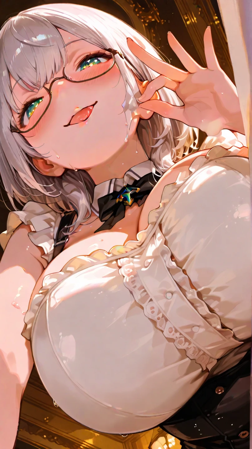 1 girl ,, detailed eyes, detailed face, wearing A sexy maid dress, large breast, white colour heir, wearing glasses, no underwear, focus on pussy , visible pussy, cum overflowing from her pussy , purfect face, small heir, embarrassed