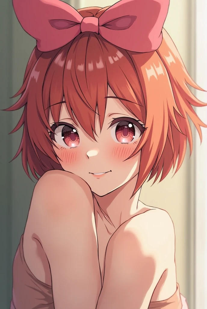1girl in, Solo,  (red hair, Ponytail, medium breast), luxury room , Academy, Shy face, blush, smiling, Hands behind the head,Naked,(hiding chest with hands) crouching down, full body, top view