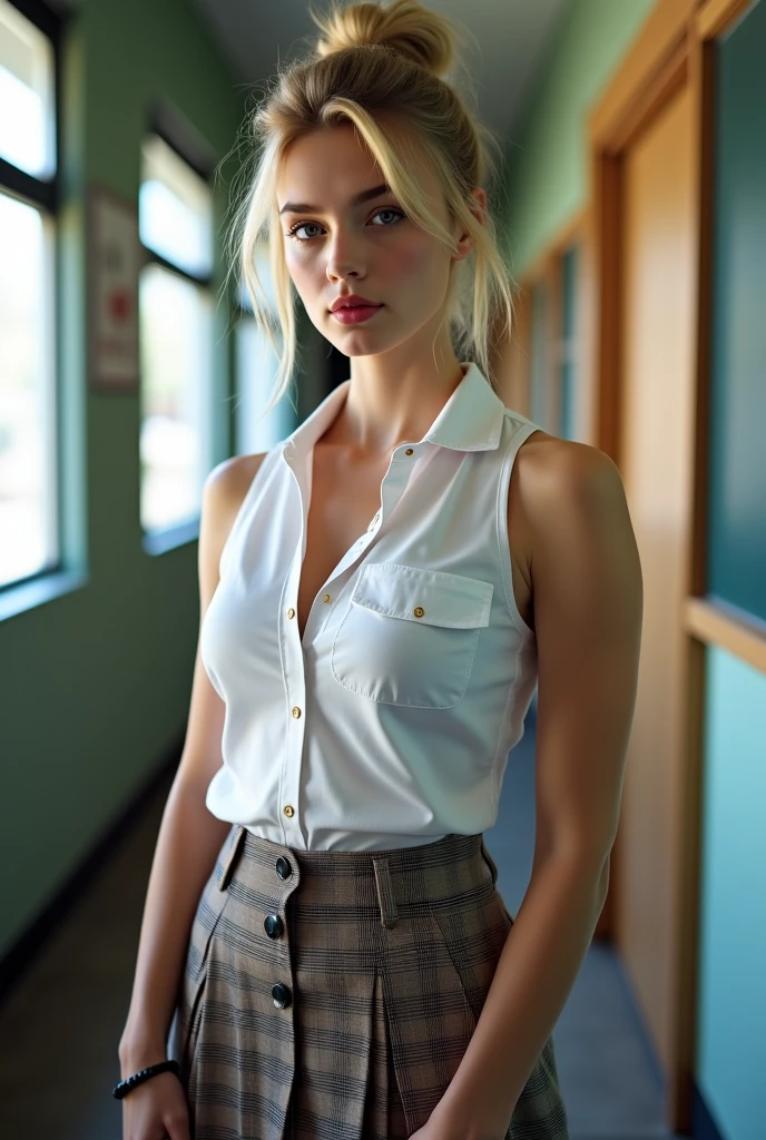 A beautiful european girl, full body, leaning on a table, police woman, wearing police uniform, skirt, shirt, black pantyhose, small cleavage. She is 24 years old, has blond hair, and light blue eyes. Her cloth is stylish and her overall appearance is stunning. The girl's face is extremely detailed with beautifully detailed lips. Her skin is anatomically correct with realistic textures. The image should have super high details and be of the best quality, with a resolution of 8K. The final result should be a masterpiece, showcasing the girl's beauty and the vibrant atmosphere of the prison