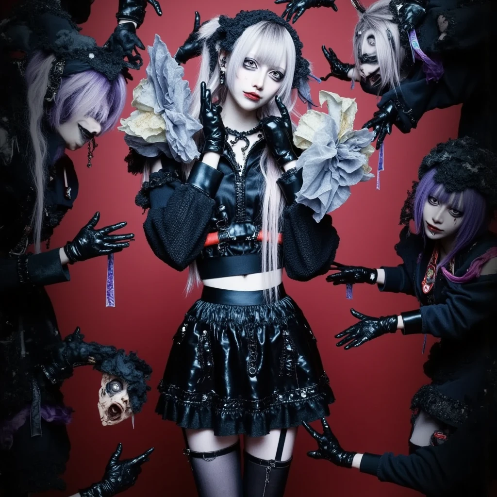 Grunge style Misa1024, a full body blond woman dressed in black laces, lace gloves, stocking, cross necklace, in japan <lora:Misa1024:0.8> . Textured, distressed, vintage, edgy, punk rock vibe, dirty, noisy