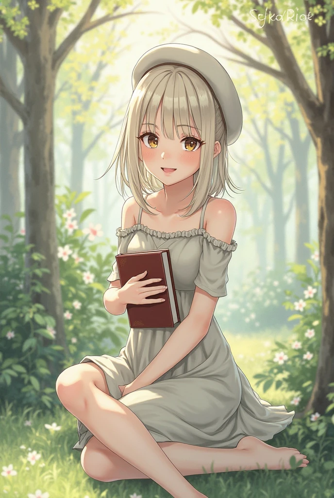 ((best quality)), ((masterpiece)), (detailed), perfect face The king's daughter with pale skin and white hair, her hair bun with a small white tiara, White dress Above the knee with small strap sleeves, not wear a slippers sitting on a Swing while reading a magic book, Make the dress sleeveless, just a plain white and parkling dress,The setting is in  mid night 