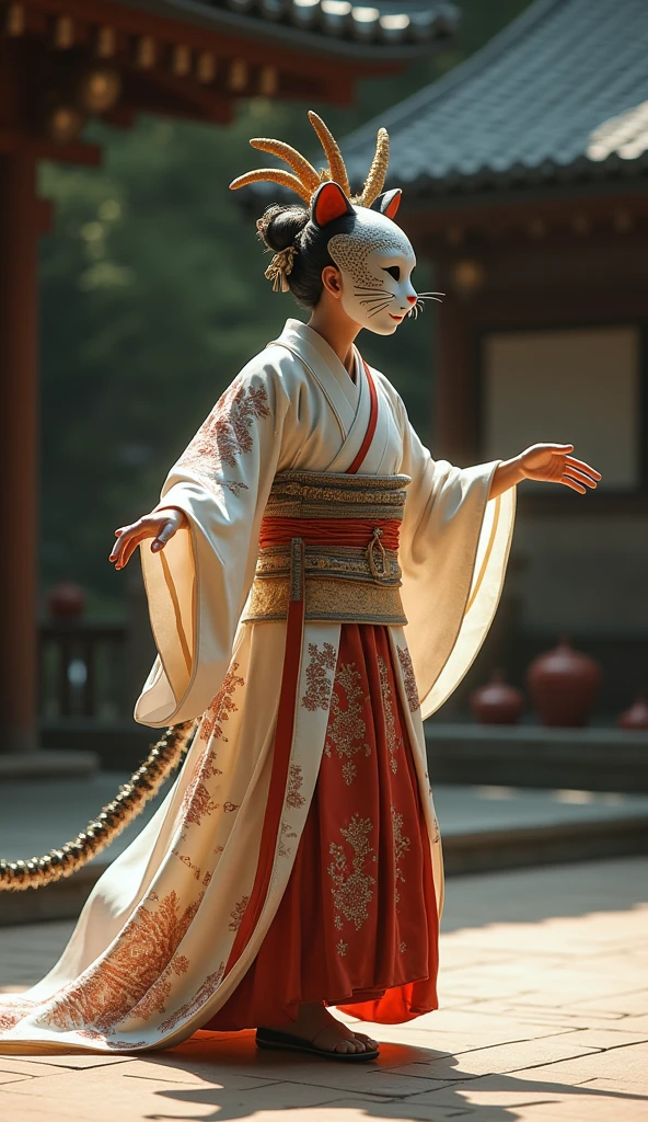 1 girl, A traditional Japanese demon dancer (Oni Kenbai) dressed in a striking costume. The dancer wears a fierce demon mask with angry expressions, adorned with a wild wig-like headpiece called ‘kezai.’ The costume consists of a white kimono with wide sleeves, colorful sashes over the shoulders, and a pair of straw sandals. The dancer holds a sword and a fan, embodying the power and intensity of the traditional dance. The background features a traditional Japanese temple or a ceremonial setting