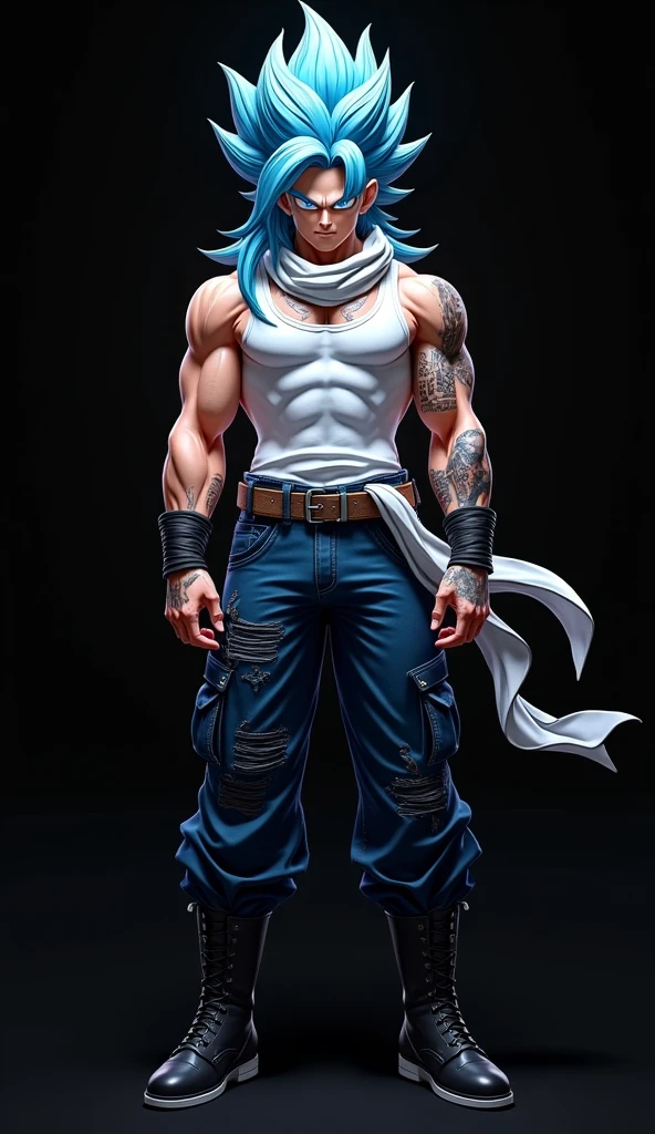 trunks, super saiyan god, exquisite hair, arm depiction, white hair , blue hair on lower arm, purple energy glowing, exquisite shoes, eye depiction, exquisite long hair, popmart blind box, clay texture, stepping on the land, black and white background, natural lighting, most good quality, super detail, 3D art, c4d, OC renderer, 3D rendering, 8k, in a cyberpunk city, neon lights, puddles reflecting like mirror