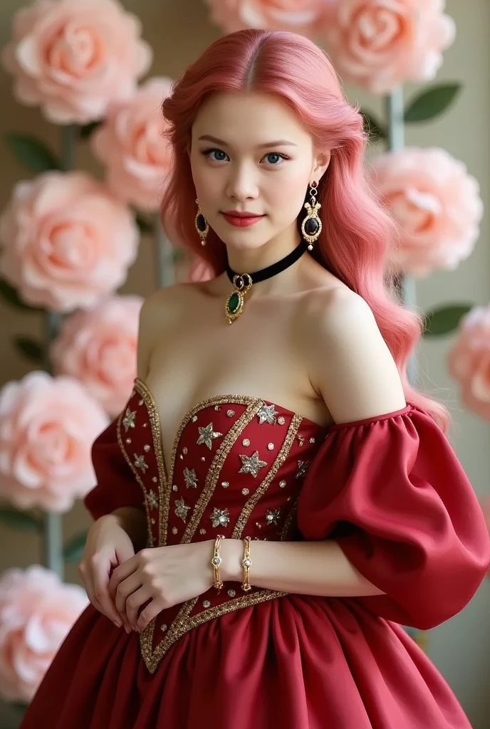 (Best Quality, 4K, 8K, High Definition, Masterpiece:1.2), (Ultra Detailed, Realistic, Photorealistic:1.37), a beautiful young woman with delicate facial features,flower crown,long elegant silver hair, blunt bangs, ornate jeweled headpiece,red silk dress,sitting in a lush garden,surrounded by colorful flowers,intricate background details,cinematic lighting,delicate brushstrokes,oil painting,highly detailed,dramatic,romantic,soft color palette,dreamlike atmosphere
