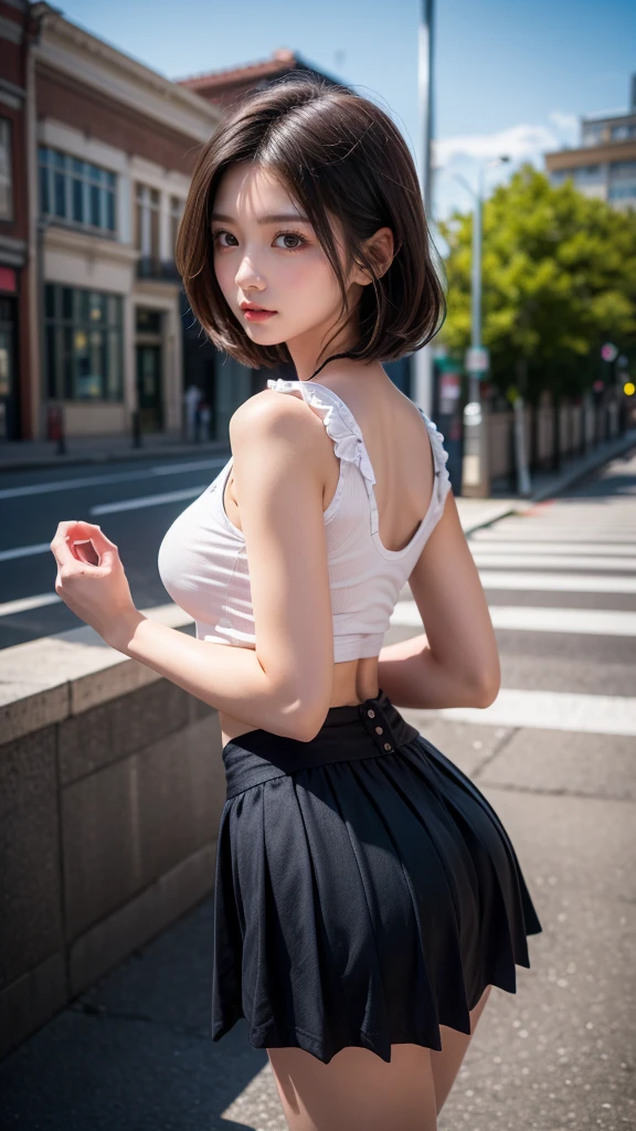 (8K, RAW Photos, Highest quality, masterpiece:1.2), (Realistic, photo-Realistic:1.4), (Highly detailed 8K wallpapers), ((Full Body Shot)), (1 girl), Sharp focus, Depth of written boundary, Cinematic lighting, Soft Light, 緻密な美しさのeye, eye_Chan, Very beautiful 17 year old girl, innocent big eyes, Realistic, photo Realistic, Highly detailed cute girl, (Thin thighs), (Model Body Type), 18-year-old, ((White and grey camouflage short-sleeved T-shirt)), ((Black micro mini tight skirt)), (((Fold your arms in front of your chest and act arrogantly))), ((A happy smile)), Parted lips, Watching the audience, (On the streets of Tokyo) , (Brown Hair),(Long Bob Hair), (Asymmetrical bangs)