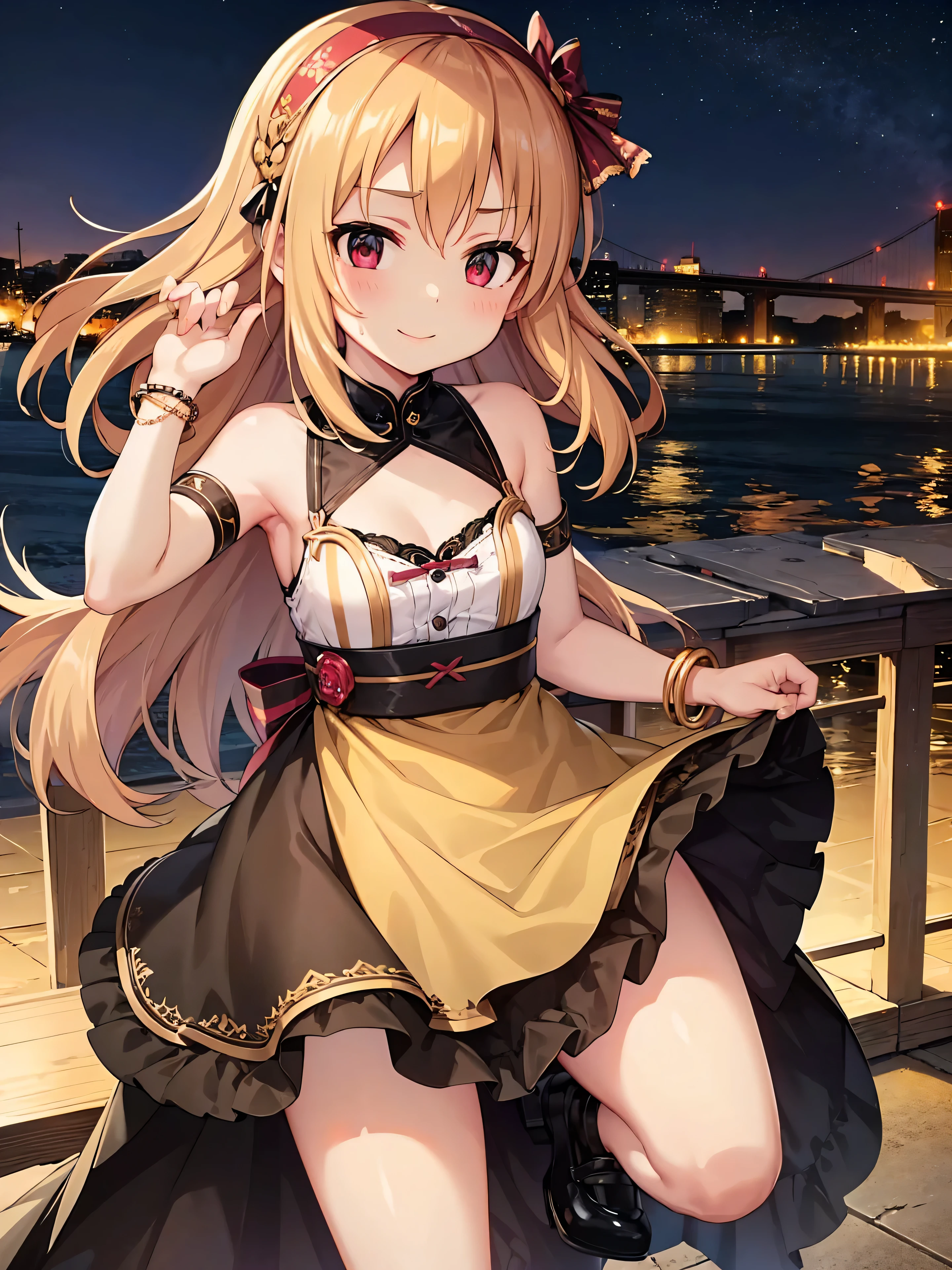 Portrait of an amazingly beautiful girl、((golds:shuicolor、4:1)shorth hair)、sharp eyebrows、Big eyes、Dark eyelashes、A big smile、european townscape、Off-the-shoulder clothing、Short leather skirt、Slender whole body、walking(Delicate details:1.25)、(独奏:1.3)、(Western Streets)、(Detailed landscapes)、(Professional Shadow)、Brick House