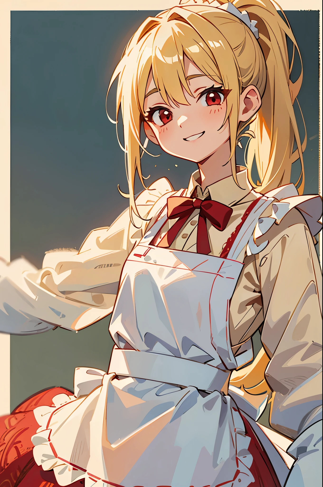 (dynamic angle)、Clothes that get messy when you move、blonde hair、Red Eyes、ponytail、stupid hair、small 、white lace apron、Smile that captivates the viewer、(professional lighting)、Border Depth、Characteristics of detailed clothing、